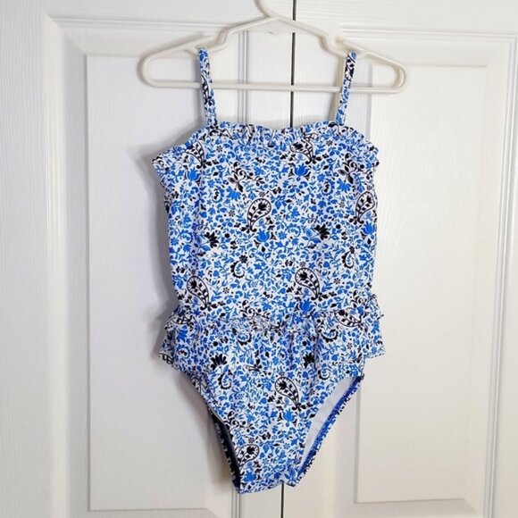 Circo One Piece Swimsuit Paisley And Floral Design Ruffle Top Blue White 5T - Picture 1 of 8